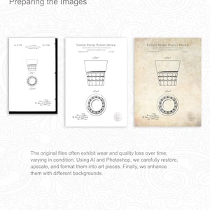 Pode incluir: Tr&ecirc;s impress&otilde;es de patentes vintage em preto e branco de um design de copo de whisky. Uma est&aacute; emoldurada em preto. O texto "Preparing the Images" est&aacute; no topo.