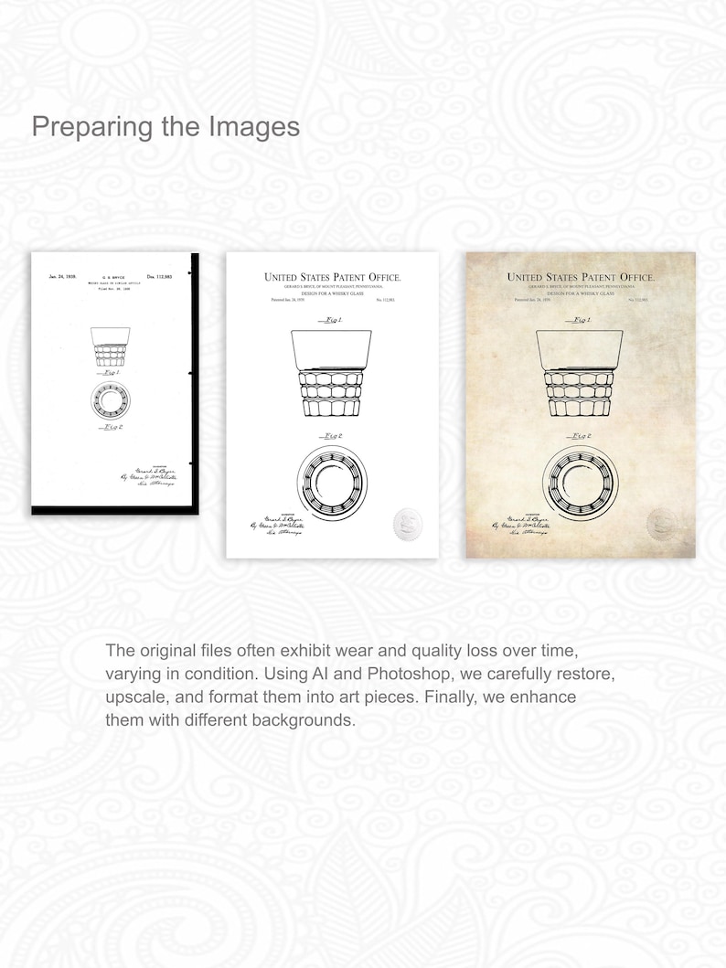 Pode incluir: Tr&ecirc;s impress&otilde;es de patentes vintage em preto e branco de um design de copo de whisky. Uma est&aacute; emoldurada em preto. O texto "Preparing the Images" est&aacute; no topo.