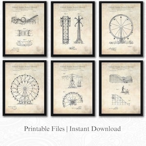Vintage Amusement Ride Patent Collection | 6 JPG Downloads | Ferris Wheel & Roller Coaster Art | Carnival Wall Decor | Antique Background