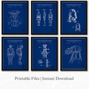 May include: Six framed patent blueprint art prints featuring Star Wars characters and vehicles. Each print is white on a dark blue background, with the words "UNITED STATES PATENT OFFICE" at the top. The phrase "Printable Files | Instant Download" is at the bottom.