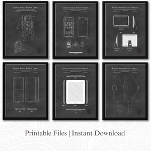 May include: Six framed patent prints featuring detailed technical drawings of electronic devices, including a remote control, smartphone, and tablet. The prints are in black and white, with the text "UNITED STATES PATENT OFFICE" at the top. The text "Printable Files | Instant Download" is at the bottom.