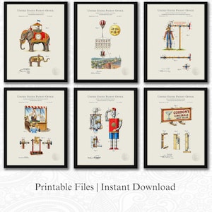 May include: A set of six framed United States Patent Office documents featuring technical illustrations of various inventions, including an elephant, a hot air balloon, a mechanical figure, a billboard, and advertising devices with detailed diagrams.