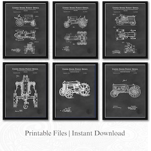 Vintage Tractor Patent Prints | Set of 6 JPG Image Downloads | Chalkboard Background | 3 Ratios: 16 Files Included | Instant Download