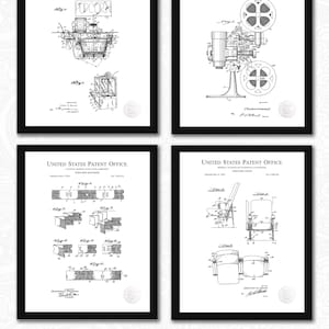 May include: Four framed patent prints featuring black and white technical drawings. The prints depict a popcorn machine, a motion picture projector, a box, and a theater chair. The text "Printable Files | Instant Download" is at the bottom.