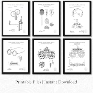 Könnte beinhalten: Sechs gerahmte Schwarz-Weiß-Patentdrucke mit Vintage-Optometrie-Geräten. Jeder Druck zeigt detaillierte technische Zeichnungen, einschließlich Brillen und Untersuchungswerkzeuge. Der Text "UNITED STATES PATENT OFFICE" steht oben auf jedem Rahmen. Der Text "Printable Files | Instant Download" steht unten.