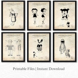 Classic Cartoon Toy Patents | 6 JPG Image Downloads | Antique Background | Nursery Wall Art | Beloved Character Dolls | Retro Toy Decor