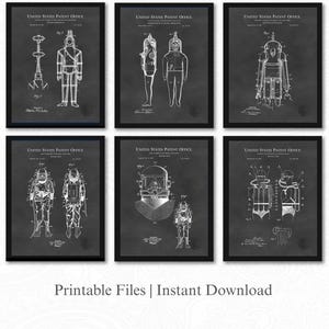 Diving Suit Patent Prints | Set of 6 JPG Image Downloads | Chalkboard Background |Vintage Deep Sea Diving Art |  Gift for Scuba Diver