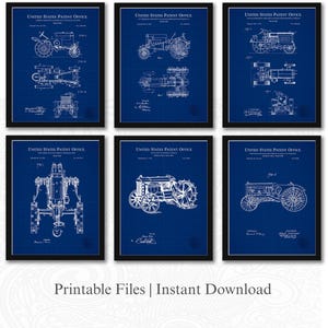 Vintage Tractor Patent Prints | Set of 6 JPG Image Downloads | Blueprint Background | 3 Ratios: 16 Files Included | Instant Download