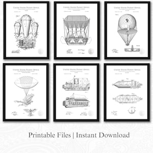 May include: Six framed black and white patent prints of vintage airships and related inventions. Each print features detailed technical drawings from the United States Patent Office. The prints are labeled "Printable Files | Instant Download".