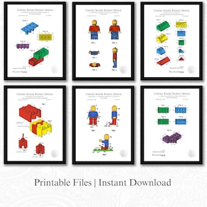 Puede incluir: Seis impresiones enmarcadas de patentes que muestran diseños de bloques de construcción coloridos. Cada impresión está en un marco negro y muestra diagramas y esquemas detallados. El texto "UNITED STATES PATENT OFFICE" está en la parte superior de cada impresión. El texto "Printable Files | Instant Download" está en la parte inferior.