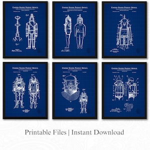 Taucheranzug Patent Drucke | Set mit 6 JPG-Bild-Downloads | Blueprint Hintergrund |Vintage Tiefseetauchen Kunst |  Geschenk für Taucher