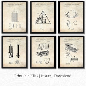 May include: Six framed patent prints from the United States Patent Office. The prints feature black and white technical drawings of various inventions. The text "Printable Files | Instant Download" is at the bottom.