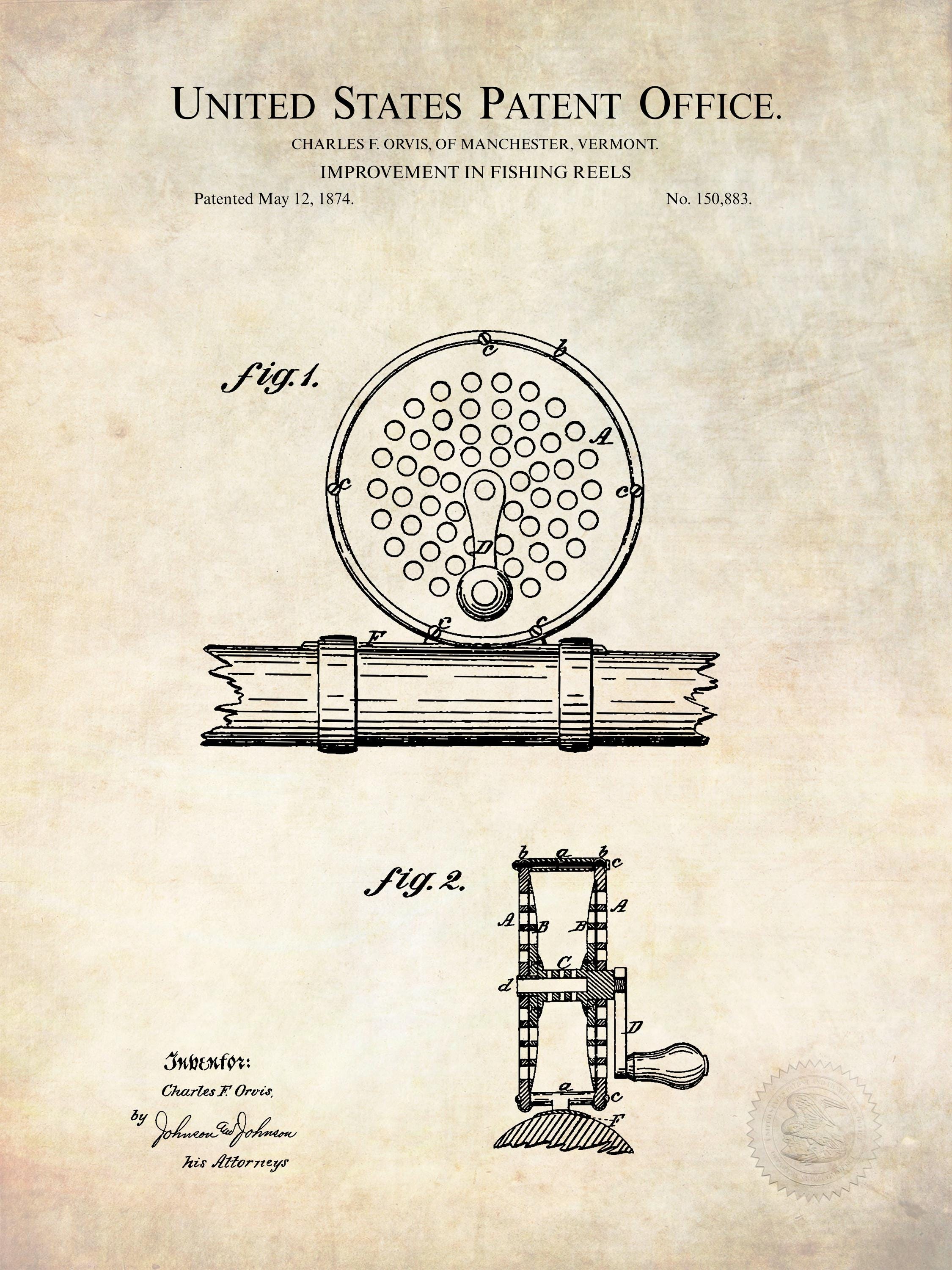1906 fly fishing reel patent amazon Apple Creek Antique Lure US Poster Art Print Channel Catfish Largemouth Bass Walleye Muskie Lures Poles 11x14 Wall Decor Pictures: Posters & Prints A patent print poster of a Fishing Tackle and Fishing Rod Lure invented by A Vintage Fishing Patent Collection |