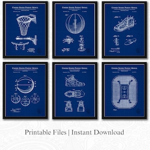 Basketball Patent Art Set | 6 JPG Download | Hoop, Shoe & Court Blueprints | Sports Decor | Gift for Basketball Fan | Blueprint Background