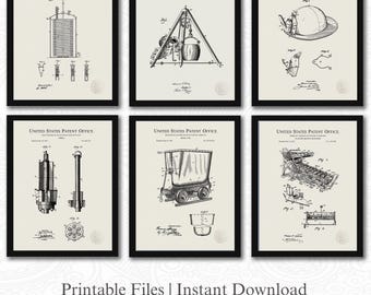 Vintage Mining Patent Collection | 6 JPG Download | Mining Tools Art | Early Mining Equipment | Industrial Decor | Linen Background