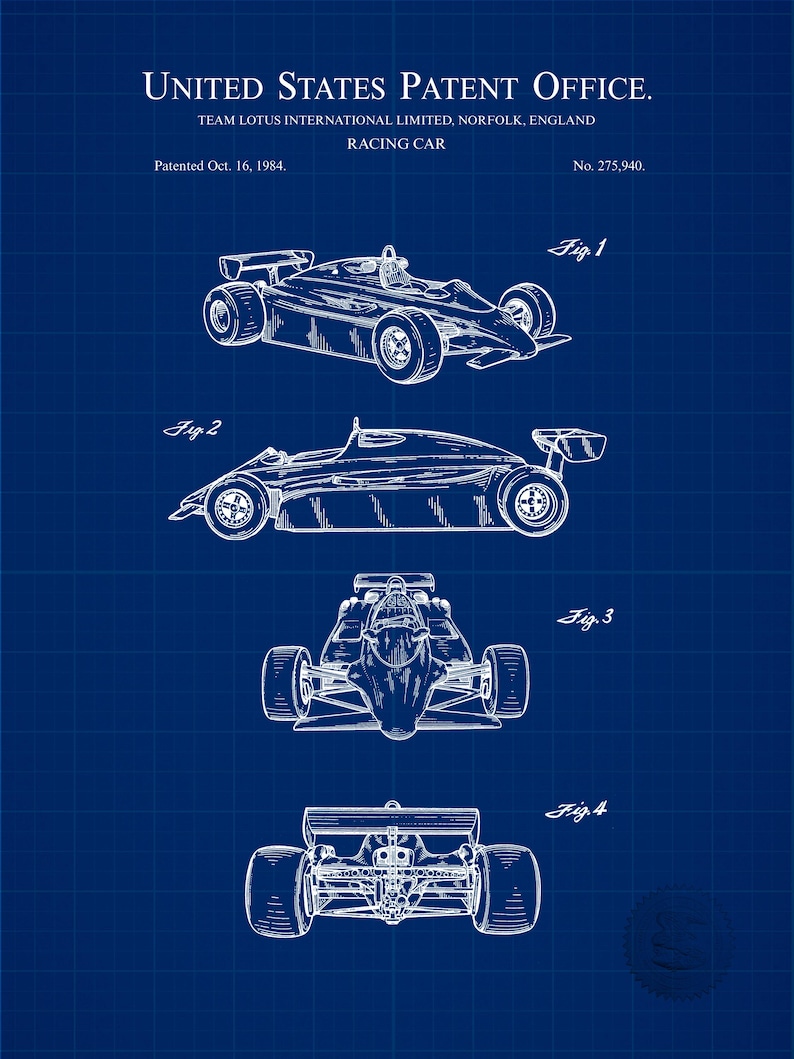 Pode incluir: Planta de uma patente de carro de corrida, apresentando quatro vistas detalhadas do ve&iacute;culo. A imagem inclui o texto "UNITED STATES PATENT OFFICE" e "TEAM LOTUS INTERNATIONAL LIMITED, NORFOLK, ENGLAND". Patenteado em 16 de outubro de 1984.