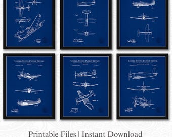 WWII Fighter Aircraft Patents | Set of 6 JPG Image Downloads | Blueprint Background | 3 Ratios: 18 Files Included | Instant Download