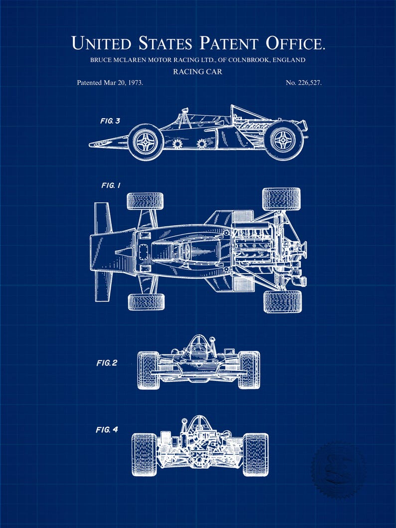 Pode incluir: Planta de uma patente de carro de corrida do United States Patent Office. A imagem mostra v&aacute;rias vistas do carro, incluindo perspectivas superior, lateral e frontal. A patente foi concedida em 20 de mar&ccedil;o de 1973.