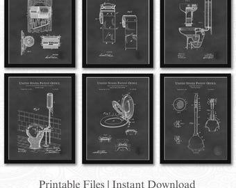 Vintage Toilet Patent Prints | Set of 6 JPG Image Downloads | Chalkboard Background | 3 Ratios: 16 Files Included | Instant Download