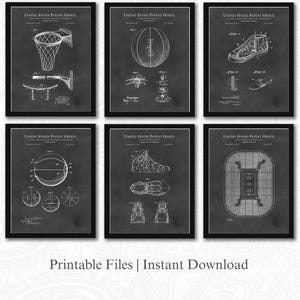 Basketball Patent Art Set | 6 JPG Download | Hoop, Shoe & Court Blueprints | Sports Decor | Gift for Basketball Fan | Chalkboard Background