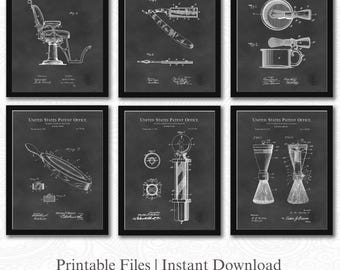 Patentes de barbero vintage / Descarga de 6 archivos JPG / Herramientas de afeitado antiguas / Arte mural de barbería / Regalo para peluquero / Fondo de pizarra