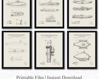 Vintage Submarine Patent Set  | Set of 6 Digital Downloads | Linen Background | Nautical Wall Decor | Gift for Submarine Enthusiast