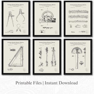 Puede incluir: Seis impresiones enmarcadas de patentes antiguas con ilustraciones de dibujos técnicos de instrumentos de dibujo. Cada impresión es en blanco y negro, con el texto "UNITED STATES PATENT OFFICE" en la parte superior. La parte inferior de la imagen dice "Printable Files | Instant Download."