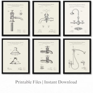 Bathroom Plumbing Patent Prints | Set of 6 JPG Image Downloads | Linen Background | 3 Ratios: 16 Files Included | Instant Download