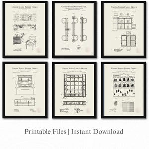 以下が含まれることがあります： 黒いフレームに入った6つのヴィンテージ特許プリント。プリントには、機械や建築デザインなど、詳細な技術図面と図が含まれています。「UNITED STATES PATENT OFFICE」の文字が各プリントに表示されています。「Printable Files | Instant Download」というフレーズが一番下にあります。