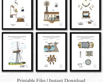 Vintage Renewable Energy Design Collection | Set of 6 Patent  |  Ready to Print | 3 Sizes included | Digital Download | White Background