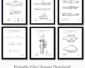Vintage Submarine Patent Set  | Set of 6 Digital Downloads | White Background | Nautical Wall Decor | Gift for Submarine Enthusiast