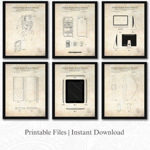Könnte beinhalten: Sechs gerahmte Patentdrucke mit Vintage-Designs von Apple-Produkten, darunter ein iPod, ein iPhone und ein iPad. Die Schwarz-Weiß-Drucke sind vor einem pergamentartigen Hintergrund platziert und mit "United States Patent Office" beschriftet. Der Text "Printable Files | Instant Download" befindet sich unten.