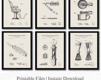 Patentes de barbero vintage / Descarga de 6 archivos JPG / Herramientas de afeitado antiguas / Arte mural de barbería / Regalo para peluquero / Fondo de lino