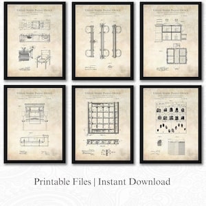 May include: Six framed vintage patent prints with black frames. The prints feature detailed technical drawings and diagrams, including machinery and architectural designs. The text "UNITED STATES PATENT OFFICE" is visible on each print. The phrase "Printable Files | Instant Download" is at the bottom.