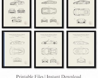 Puede incluir: Seis impresiones enmarcadas de patentes de coches deportivos, cada una con múltiples vistas, incluyendo perspectivas laterales, superiores, delanteras y traseras. Las impresiones son en blanco y negro, con el texto "UNITED STATES PATENT OFFICE" en la parte superior. La frase "Printable Files | Instant Download" está en la parte inferior.