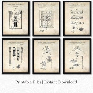May include: Six framed vintage patent prints. Each print features a detailed black and white technical drawing on a cream-coloured background. The top of each print reads "UNITED STATES PATENT OFFICE". The bottom of the image reads "Printable Files | Instant Download".