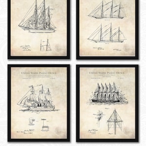 Tall Ship Collection | Set of 4 JPG Downloads | Antique Background | | Nautical Decor | Historic Sailboat Patents | Boat Owner Gift