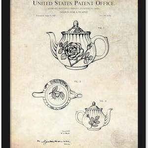 May include: Black and white patent illustration of a teapot design from Shawnee Pottery Company, Zanesville, Ohio. The design includes a teapot with a rose motif, a lid, and a handle. The patent was granted on September 9, 1947.