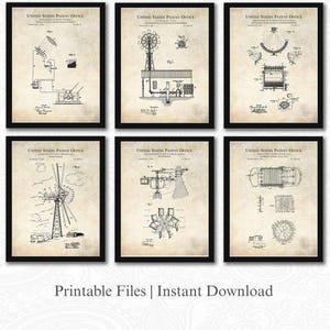 Vintage Clean Energy Patent Collection |  6 JPG Downloads | Windmill Design | Renewable Energy Decor | Wind Power Art  | Antique Background