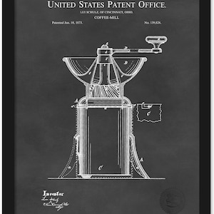 May include: A framed patent illustration of a coffee mill, with the text "UNITED STATES PATENT OFFICE" at the top. The diagram is in white on a dark background, showing the internal workings of the mill. The patent was granted on June 10, 1873.