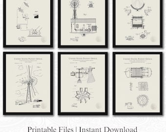 Vintage Clean Energy Patent Collection |  6 JPG Downloads  | Renewable Energy Decor | Wind Power Art | Linen Background