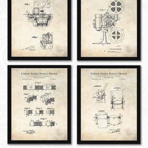 May include: Four framed vintage patent prints. The prints feature detailed black and white technical drawings of a popcorn machine, a motion picture projector, a box of popcorn, and theater chairs. The text "Printable Files | Instant Download" is at the bottom.