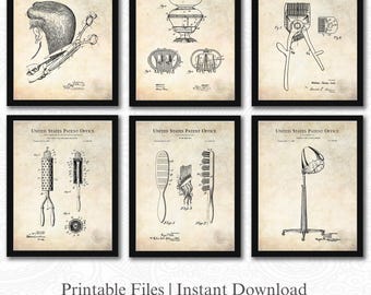 Colección de patentes de peluqueros vintage / Descarga de 6 archivos JPG / Arte de salón / Regalo para peluqueros / Decoración de estudio de belleza / Fondo antiguo