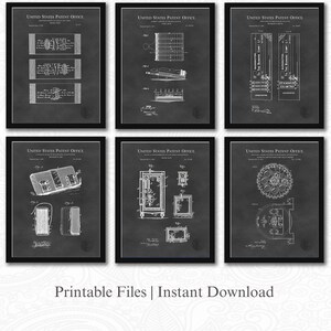 May include: Six framed patent illustrations in black frames on a dark gray background. The illustrations are in white and depict various inventions. The text "UNITED STATES PATENT OFFICE" is at the top of each frame. The bottom of the image reads "Printable Files | Instant Download".