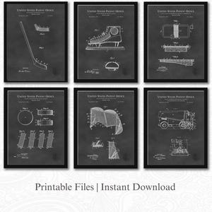 Vintage Hockey Patent Collection | 6 JPG Downloads | Antique Sports Wall Art | Gift for Hockey Fans | Chalkboard Background