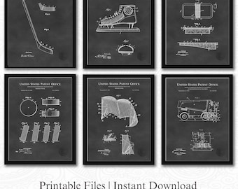 Vintage Hockey Patent Collection | 6 JPG Downloads | Antique Sports Wall Art | Gift for Hockey Fans | Chalkboard Background