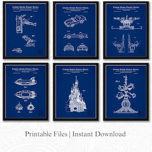 Vintage Disney Ride Patents 2 | Set of 6 JPG Image Downloads | Blueprint Background | 3 Ratios: 16 Files Included | Instant Download