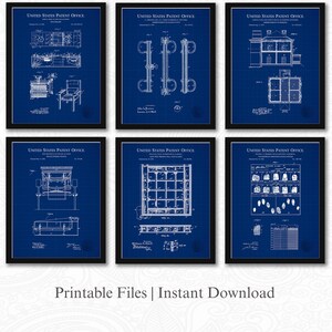 以下が含まれることがあります： 6つの額入り特許青写真プリント。各プリントは、青い背景に白い技術図面が特徴で、上部に「UNITED STATES PATENT OFFICE」というテキストがあります。画像の下部には「Printable Files | Instant Download」と書かれています。