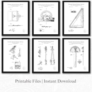 Pode incluir: Seis impressões de patentes em preto e branco emolduradas do United States Patent Office. As impressões apresentam desenhos técnicos de várias ferramentas e instrumentos. A frase "Printable Files | Instant Download" é impressa na parte inferior da imagem.
