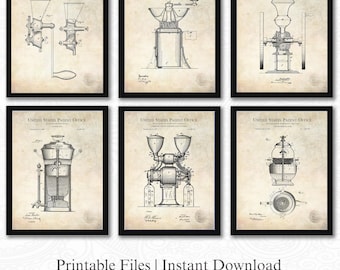 Classic Coffee Designs | Set of 6 Patent Downloads | Antique Background | Barista Wall Art | Rustic Kitchen Decor | Gift for Coffee Lover